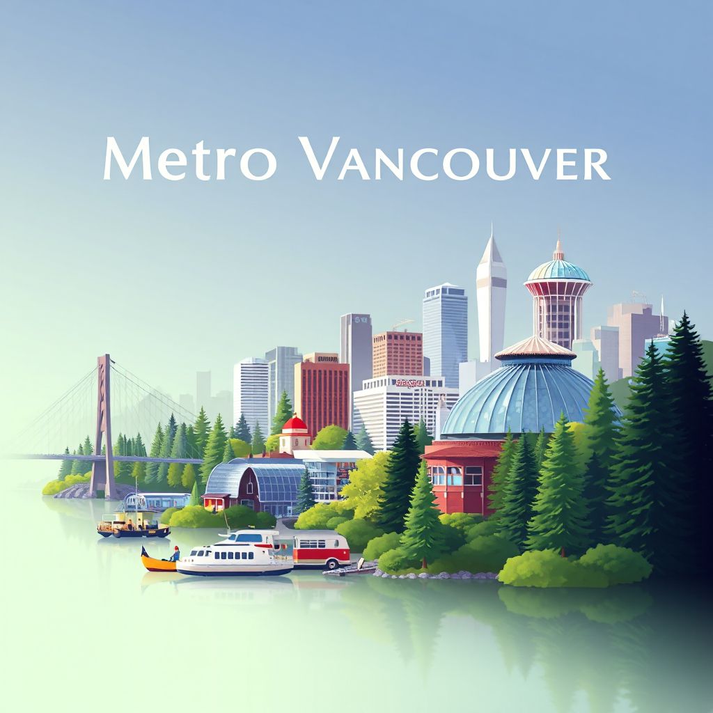Ultra-high-definition gradient illustration style Metro Vancouver illustration, showing the unique charm of Stanley Park, the Capilano Suspension Bridge, and the Vancouver Art Gallery.