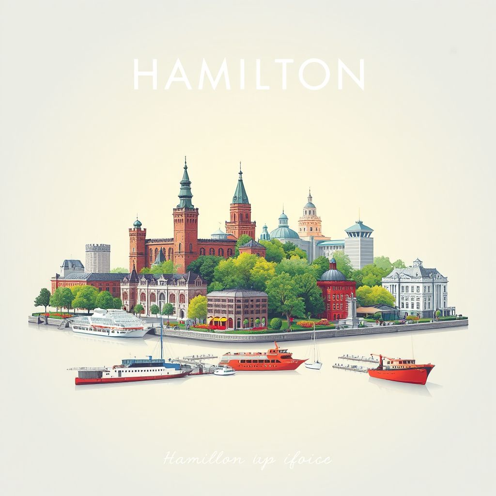 Ultra-high-definition gradient illustration style artwork of Hamilton, Ontario, Canada, featuring Dundurn Castle, Royal Botanical Gardens, and Hamilton Harbour.