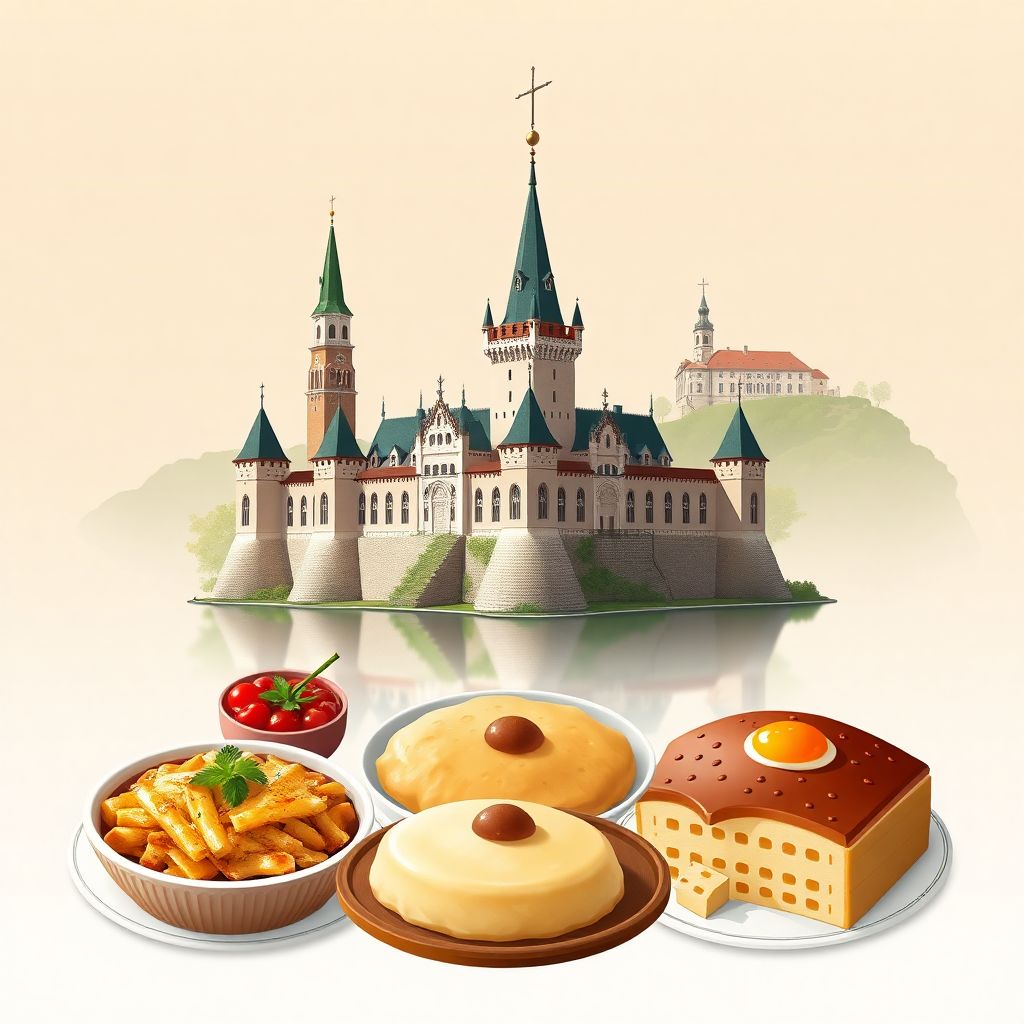Ultra-high-definition gradient illustration style Lithuanian illustration, featuring Trakai Island Castle and Gediminas Tower