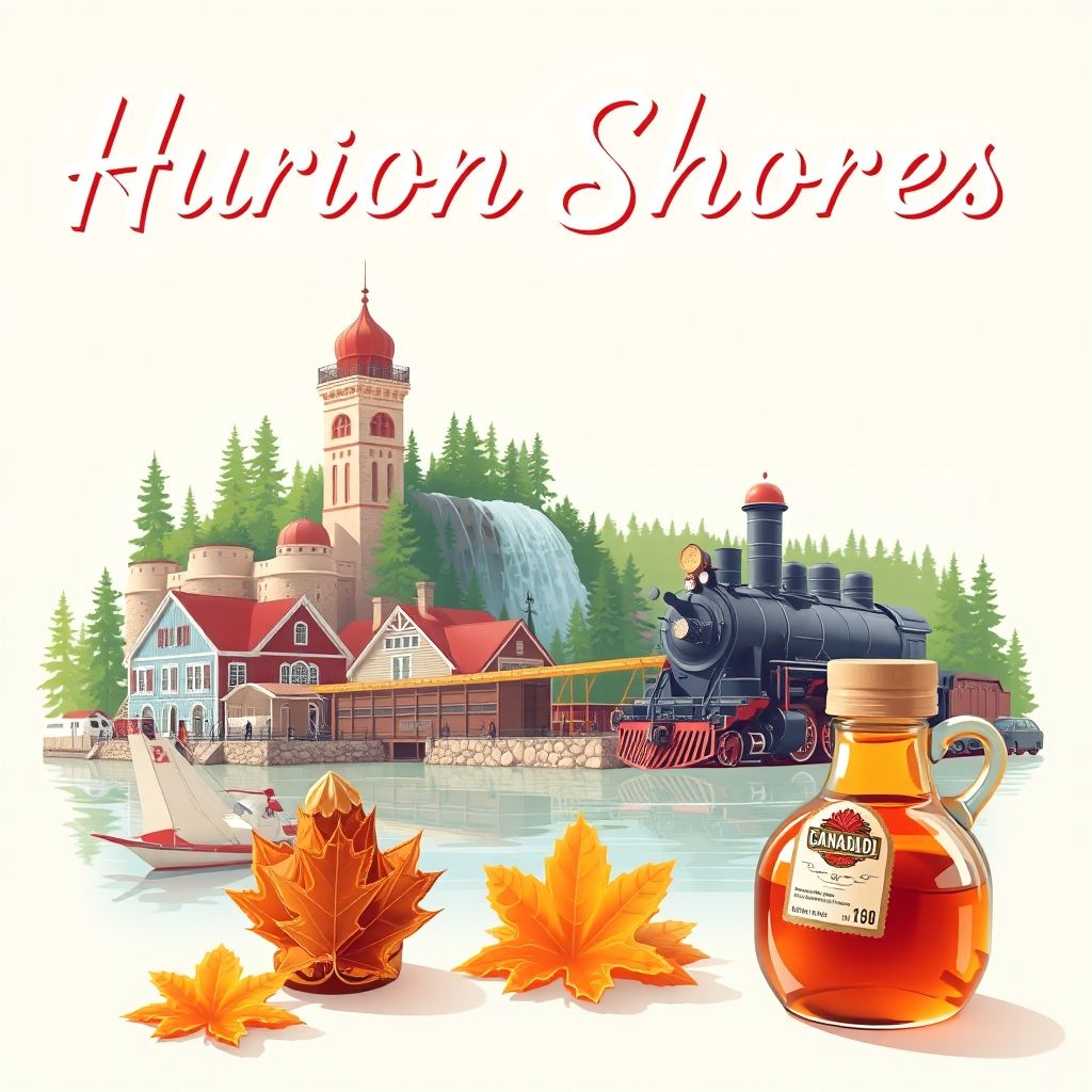 Ultra-high-definition gradient illustration of Huron Shores, Ontario, featuring Chippewa Falls, Algoma Central Railway, and Canadian maple syrup.
