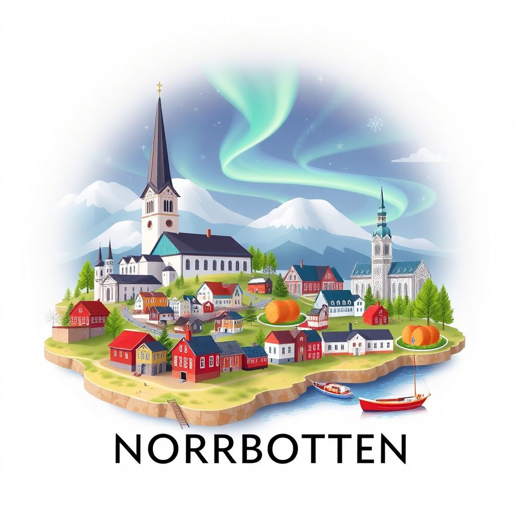 Ultra-high-definition gradient illustration of Norrbotten County, Sweden, featuring Gammelstad Church Town, Luleå Cathedral, Northern Lights, and traditional Swedish meatballs.