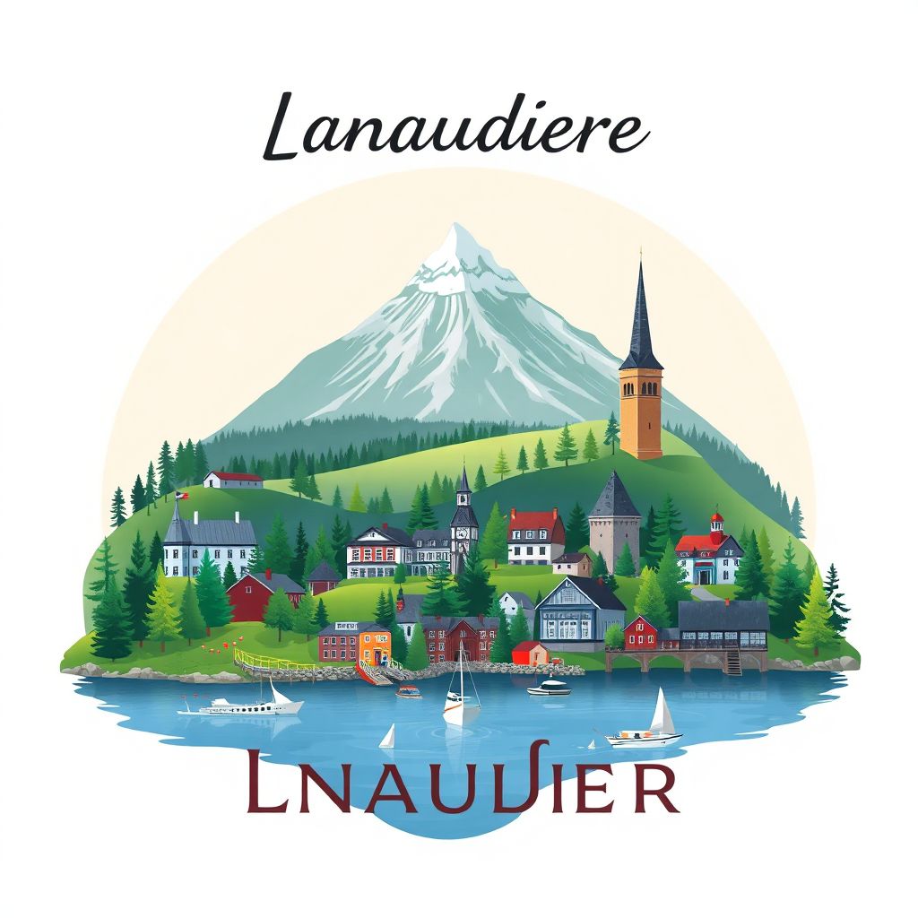 Ultra-high-definition gradient illustration of Lanaudiere, Quebec, Canada, featuring Parc national du Mont-Tremblant, Saint-Cuthbert village, and Lac Taureau.