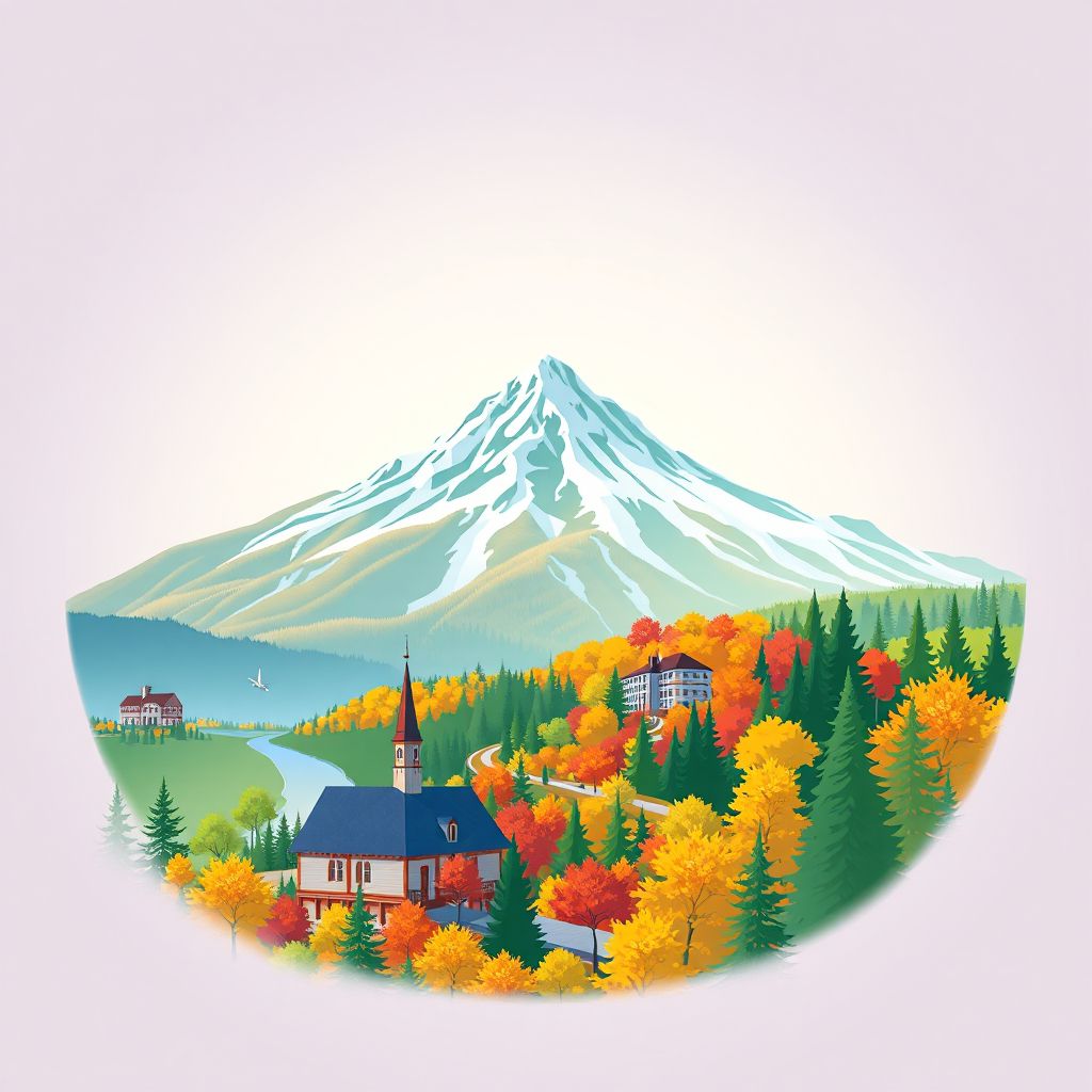 Ultra-high-definition gradient illustration style Laurentides illustration, showing the unique charm of Mont Tremblant, Parc national du Mont-Tremblant, and fall foliage.