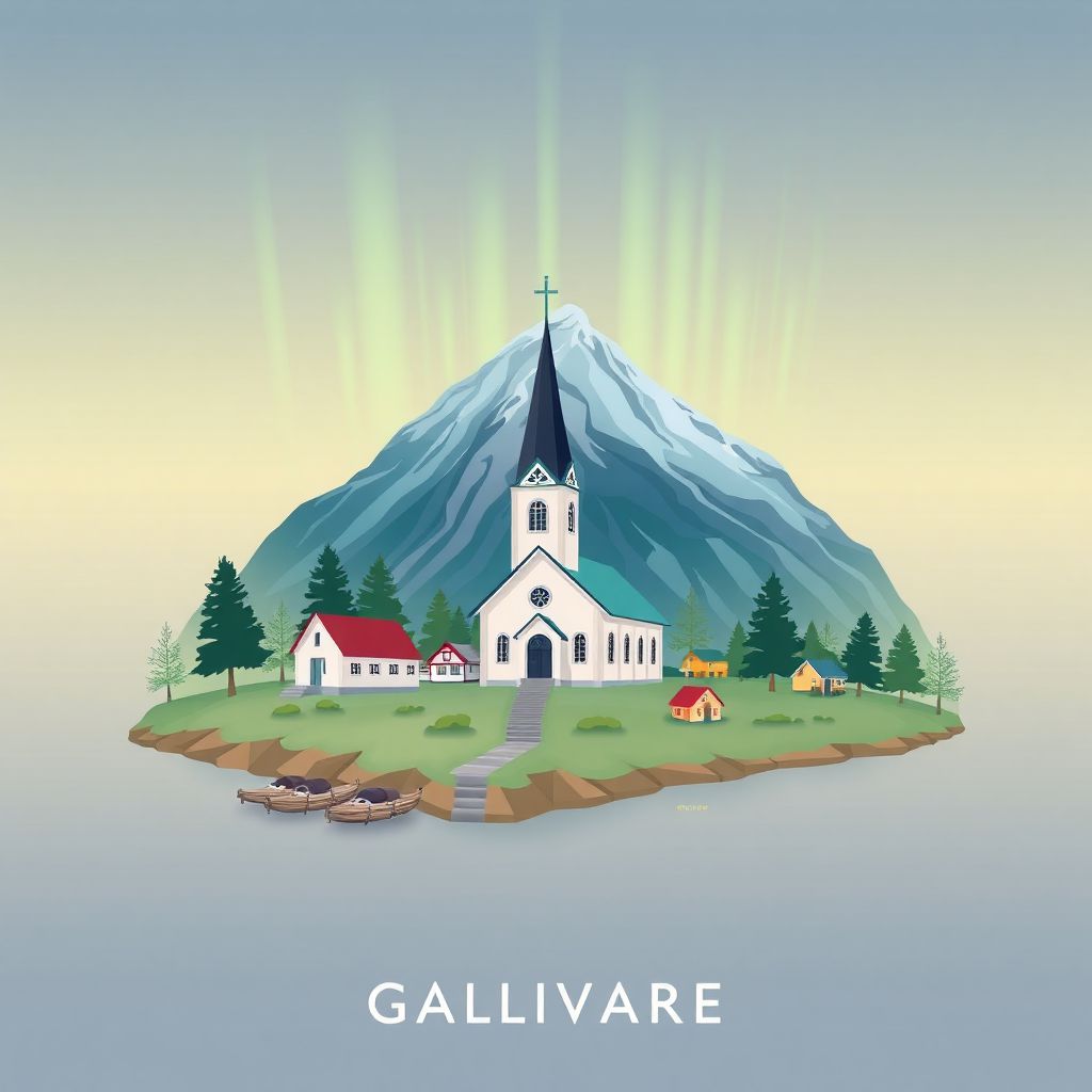 Ultra-high-definition gradient illustration style Gaellivare kommun image, featuring the Gällivare Church, the Dundret mountain, and the Aurora Borealis.