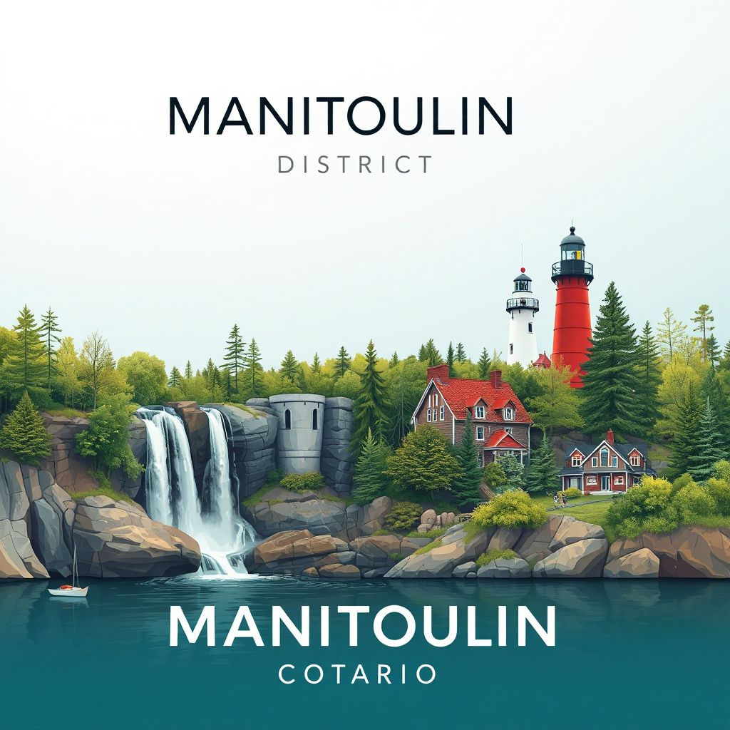 Ultra-high-definition gradient illustration of Manitoulin District, Ontario, Canada, featuring Bridal Veil Falls, Cup and Saucer Trail, and lighthouses.