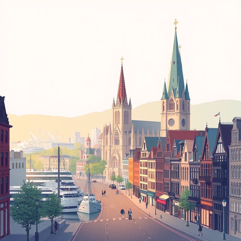 Ultra-high-definition gradient illustration style Mauricie illustration, showing the unique charm of the Notre-Dame Basilica, the Old Port of Montreal, and the streets of Old Quebec.