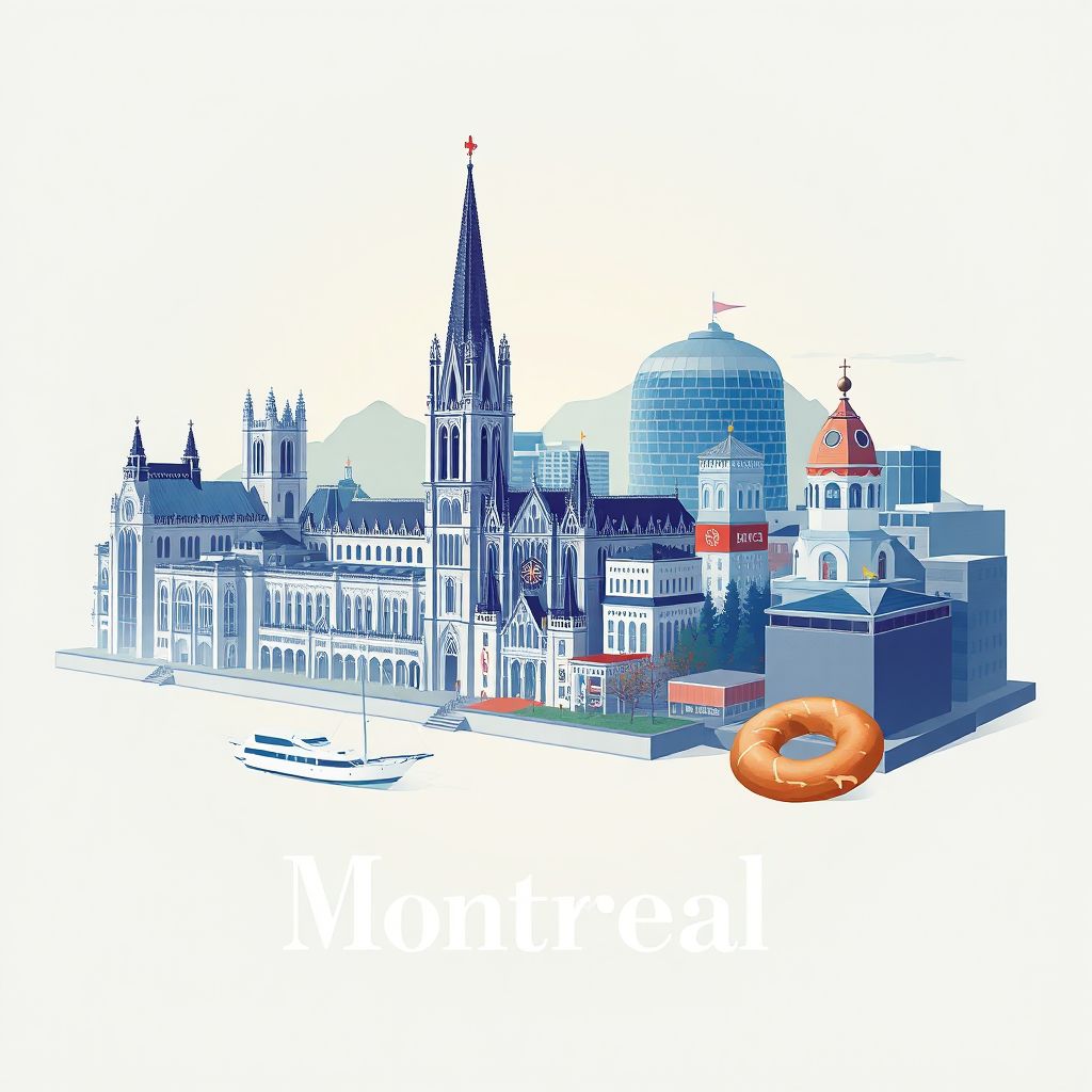 Ultra-high-definition gradient illustration style Montreal illustration, showcasing the unique charm of the Notre-Dame Basilica, Mount Royal, and Montreal bagels.