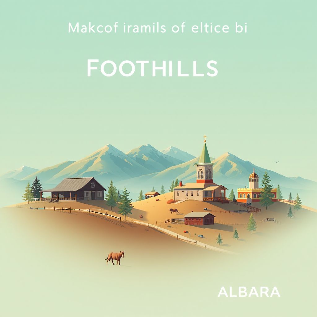 Ultra-high-definition gradient illustration of Municipal District of Foothills No. 31, Alberta, Canada, featuring Bar U Ranch and rolling foothills.