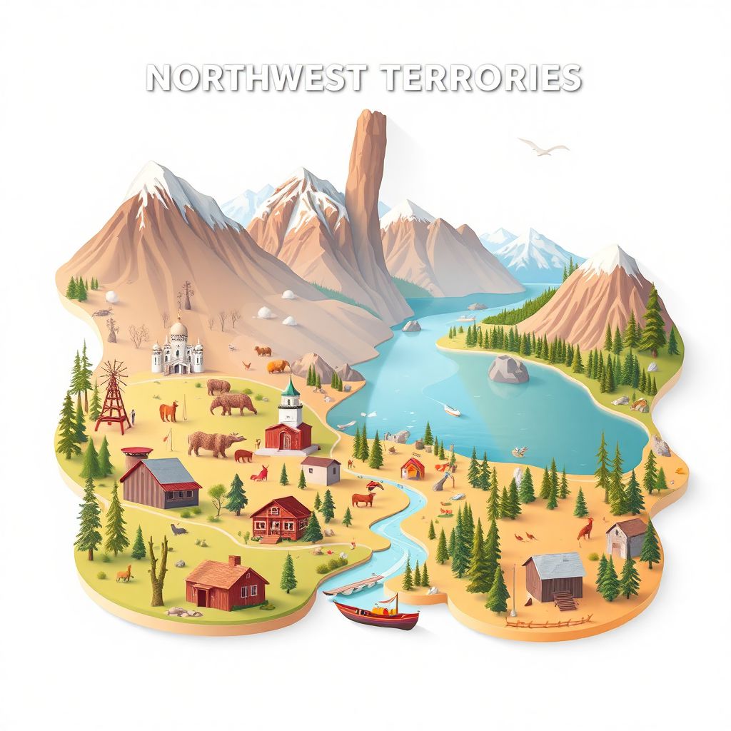Ultra-high-definition gradient illustration style Northwest Territories illustration, showing the unique charm of the Nahanni National Park Reserve, the Great Bear Lake, and the Mackenzie River.