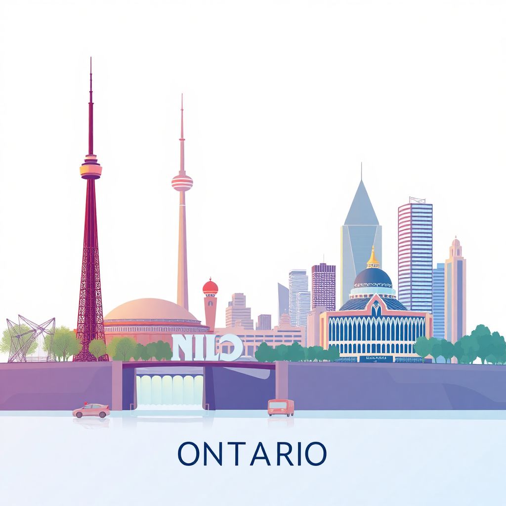 Ultra-high-definition gradient illustration style Ontario artwork, featuring the CN Tower, Niagara Falls, and the Royal Ontario Museum.