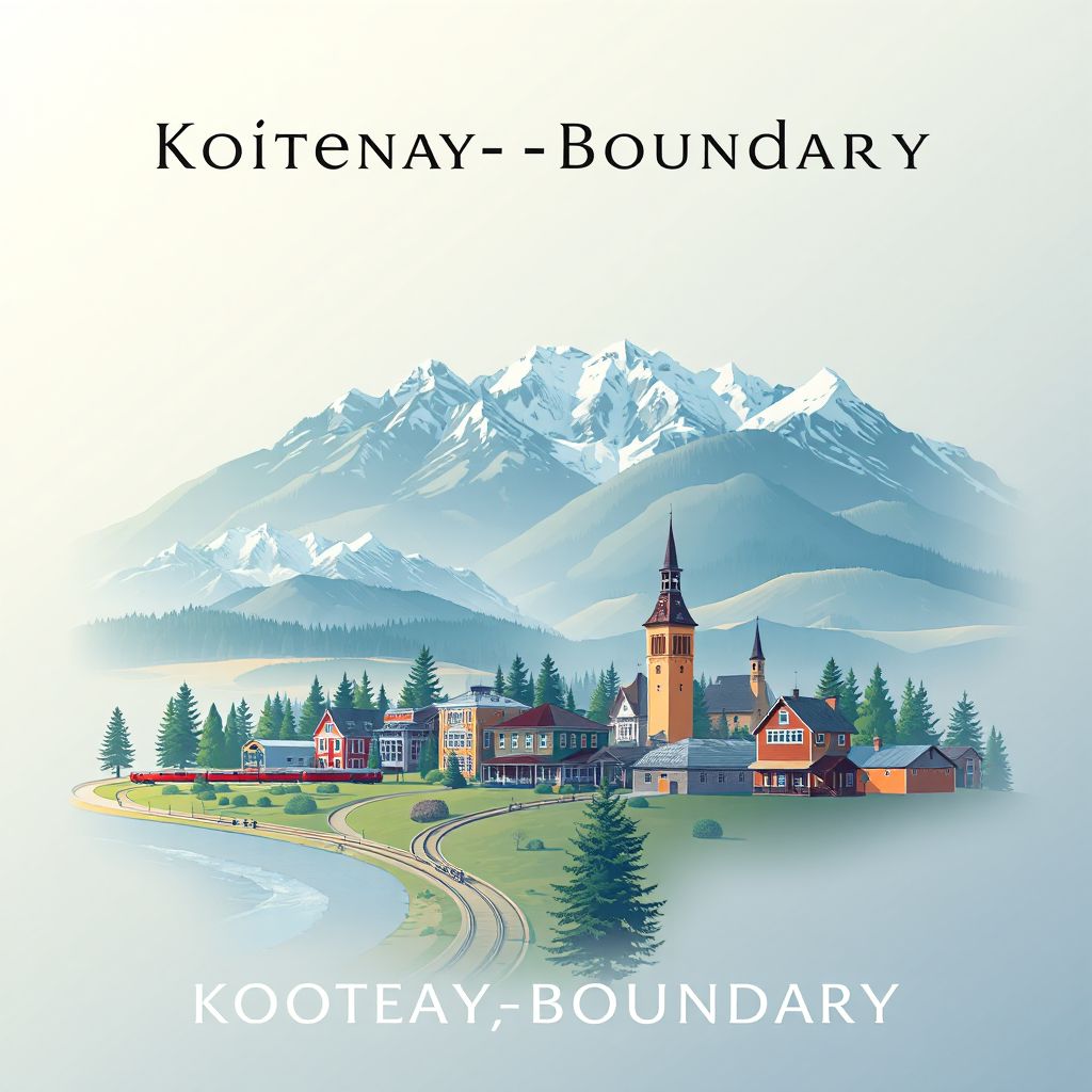 Ultra-high-definition gradient illustration of the Regional District of Kootenay-Boundary, featuring the Kettle Valley Rail Trail, Monashee Mountains, and Greenwood.