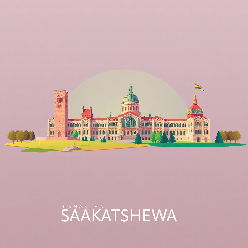 Ultra-high-definition gradient illustration of Saskatchewan, featuring Wanuskewin Heritage Park, Saskatchewan Legislative Building, and the Royal Saskatchewan Museum.