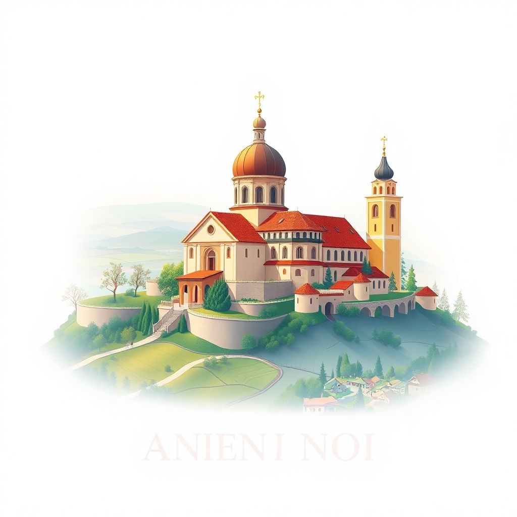 Ultra-high-definition gradient illustration style Anenii Noi illustration, showing the unique charm of the Anenii Noi Monastery and countryside landscapes.