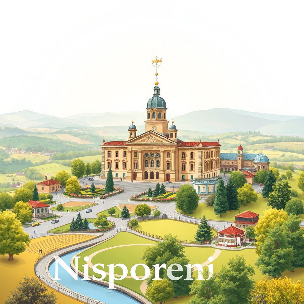 Ultra-high-definition gradient illustration style Nisporeni illustration, showcasing the unique charm of the Nisporeni City Hall and the beautiful landscapes.