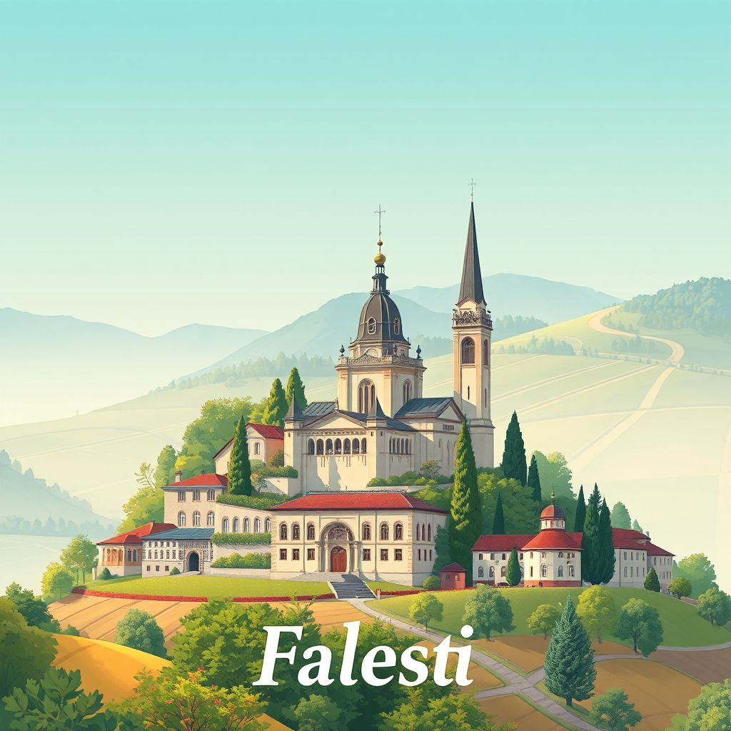 Ultra-high-definition gradient illustration style Falesti illustration, showcasing the Falesti District Museum and the picturesque countryside.