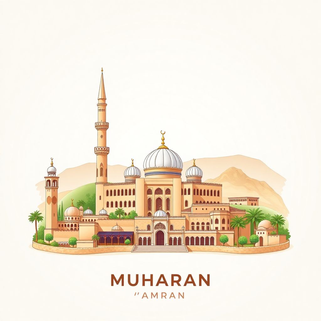 Ultra-high-definition gradient illustration style Muhafazat 'Amran illustration, showing the unique charm of the Al Houth Mosque and traditional Yemeni architecture.