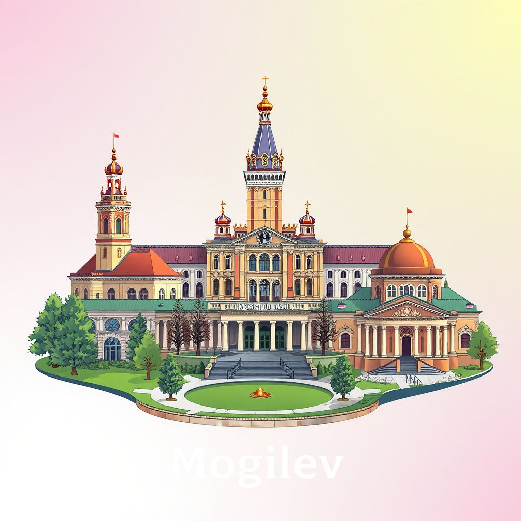 Ultra-high-definition gradient illustration style Mogilev artwork, showing the unique charm of the Star Square, Mogilev City Hall, and the Buinichi Field Memorial Complex.