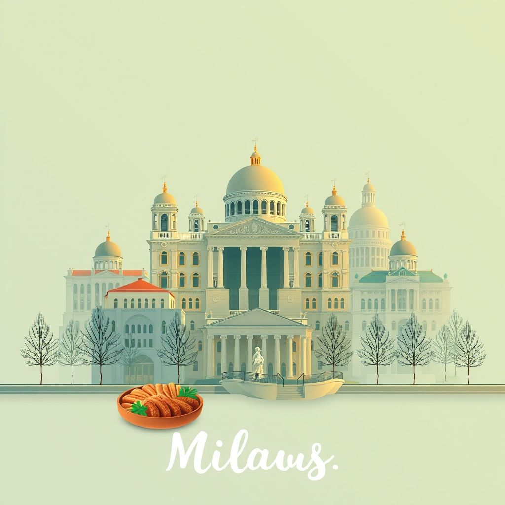Ultra-high-definition gradient illustration of Minsk, Belarus, featuring the National Library of Belarus, Independence Square, and traditional draniki.
