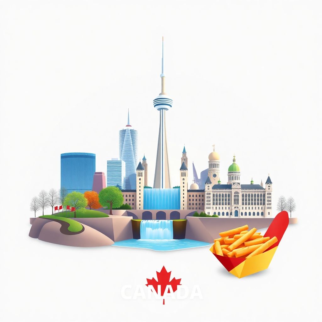 Ultra-high-definition gradient illustration style Canada illustration, showing the unique charm of the CN Tower, Niagara Falls, the Parliament of Canada, and poutine.