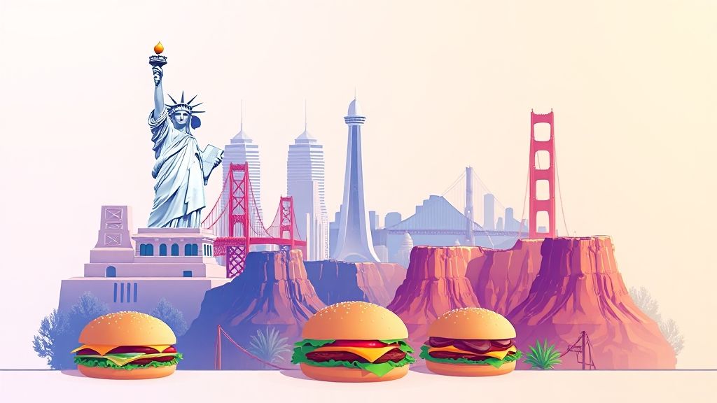 Ultra-high-definition gradient illustration style United States illustration, featuring the Statue of Liberty, the Golden Gate Bridge, the Grand Canyon, hamburgers, and apple pie.