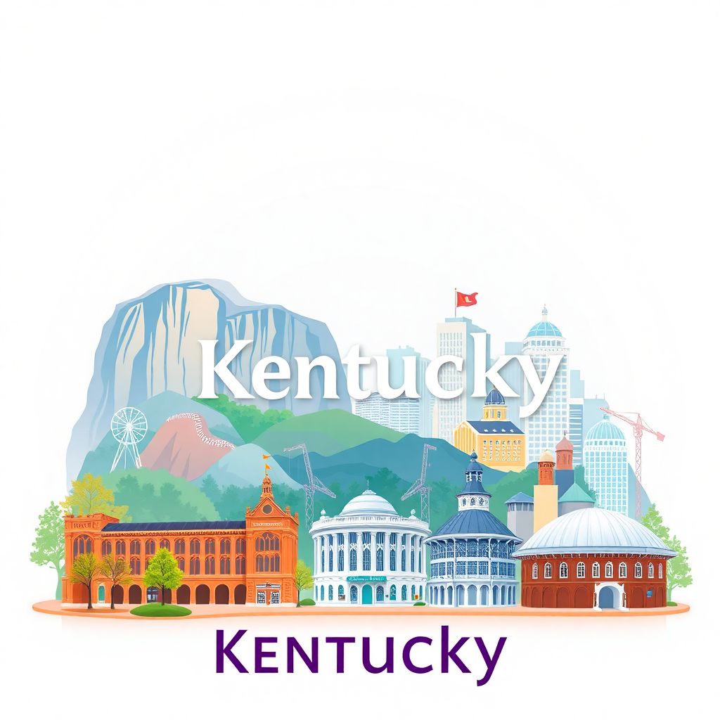 Ultra-high-definition gradient illustration style Kentucky illustration, featuring Mammoth Cave National Park, the Kentucky Derby at Churchill Downs, and the Louisville Slugger Museum.