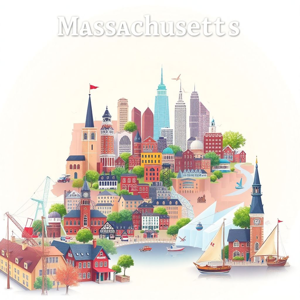 Ultra-high-definition gradient illustration of Massachusetts featuring the Freedom Trail, Fenway Park, and the historic town of Salem.