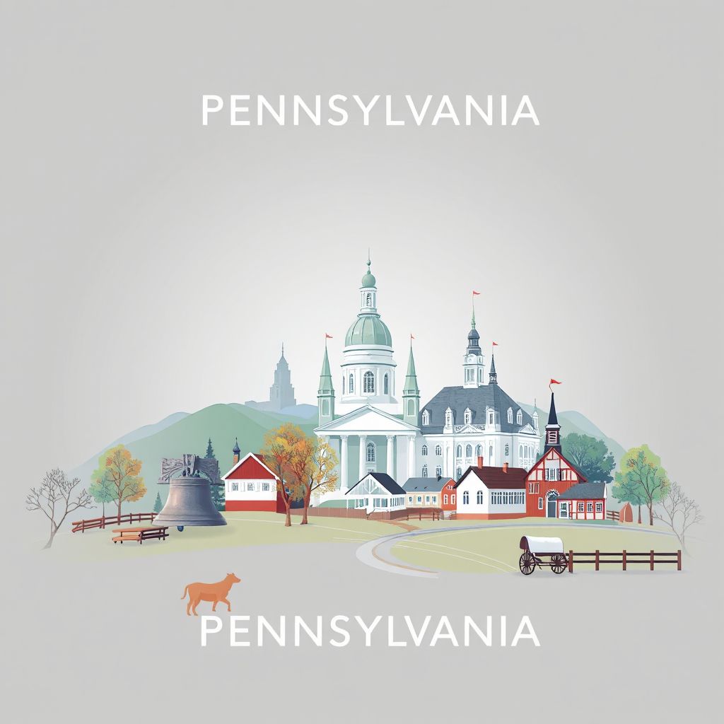 Ultra-high-definition gradient illustration style Pennsylvania illustration, showing the unique charm of the Liberty Bell, Independence Hall, and the Amish countryside.