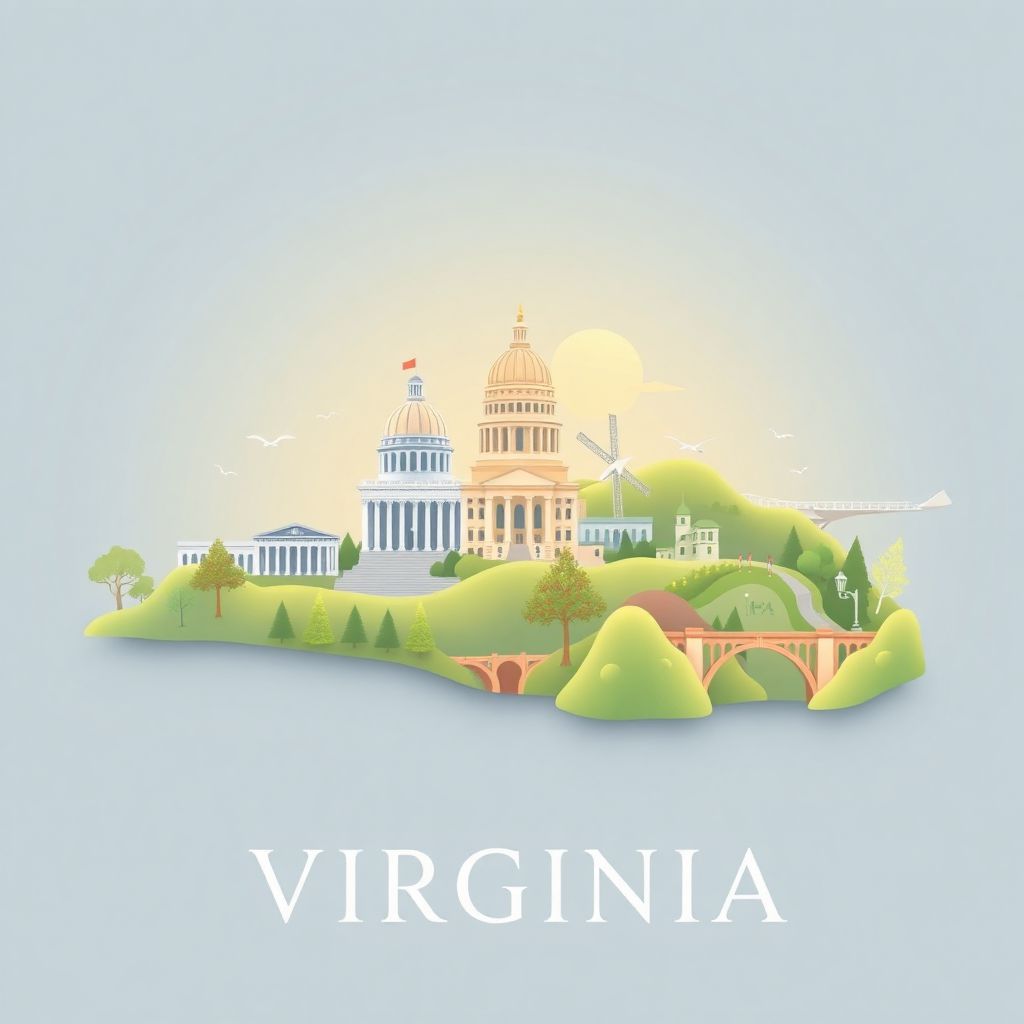 Ultra-high-definition gradient illustration style Virginia illustration, showing the unique charm of Monticello, the Virginia State Capitol, and the Natural Bridge.