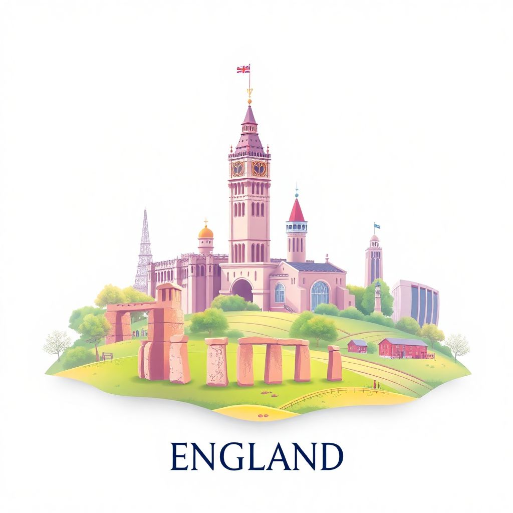 Ultra-high-definition gradient illustration style England depicting the Tower of London, Stonehenge, and the picturesque countryside.