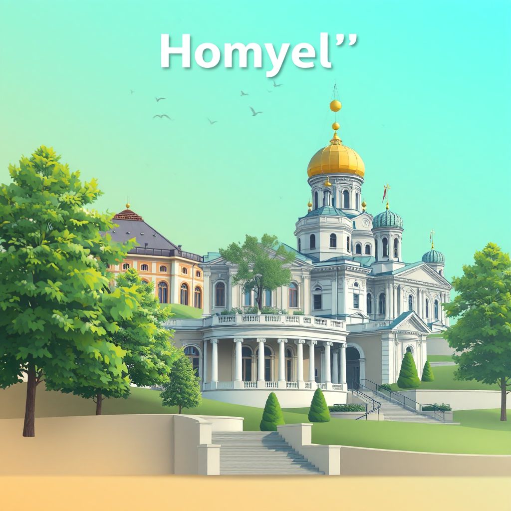 Ultra-high-definition gradient illustration style Homyel' Voblasc' illustration, showing the unique charm of the Rumyantsev-Paskevich Residence, the Gomel Palace and Park Ensemble, and the Cathedral of Saint Peter and Paul.