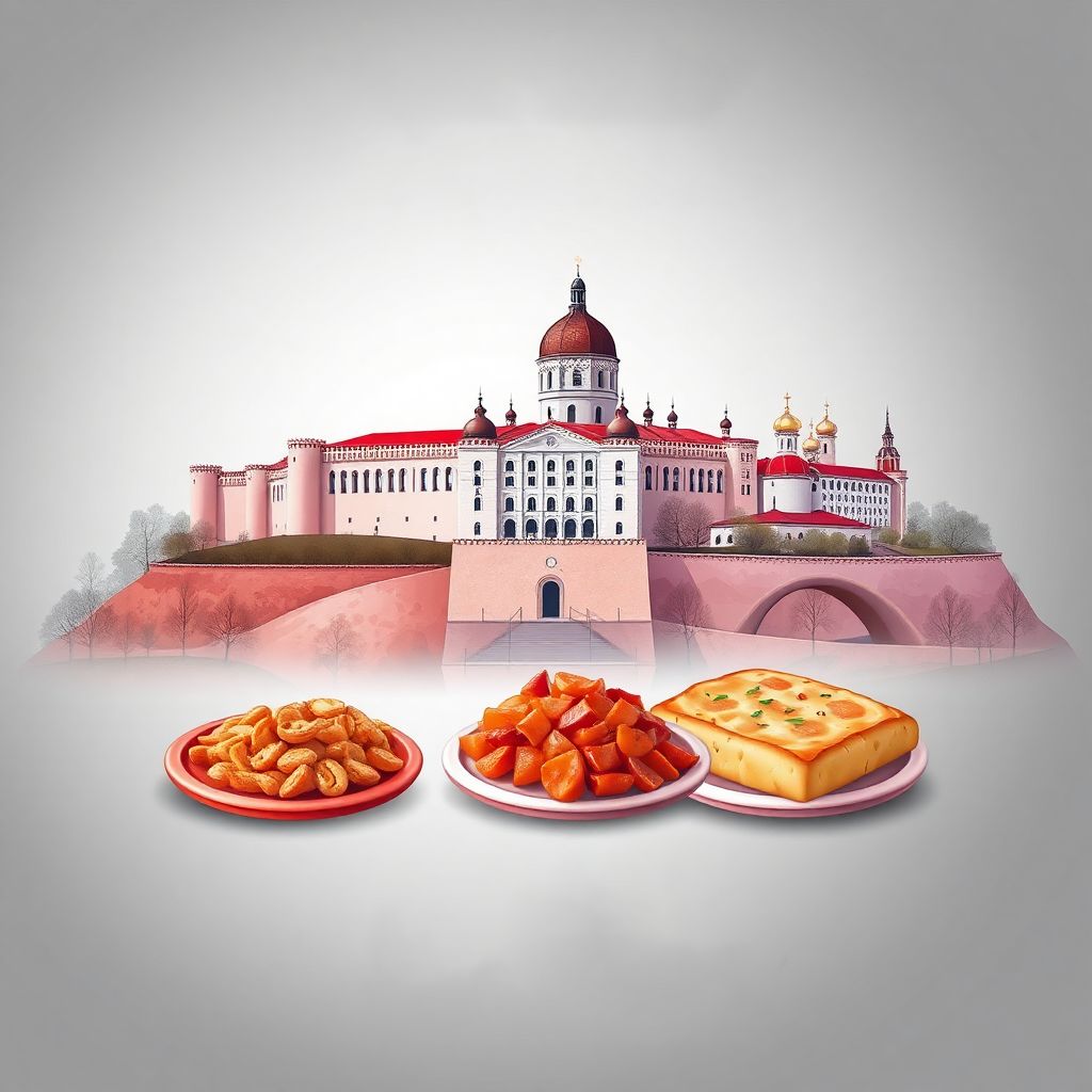 Ultra-high-definition gradient illustration style Serbian illustration, featuring the Belgrade Fortress and the Church of Saint Sava
