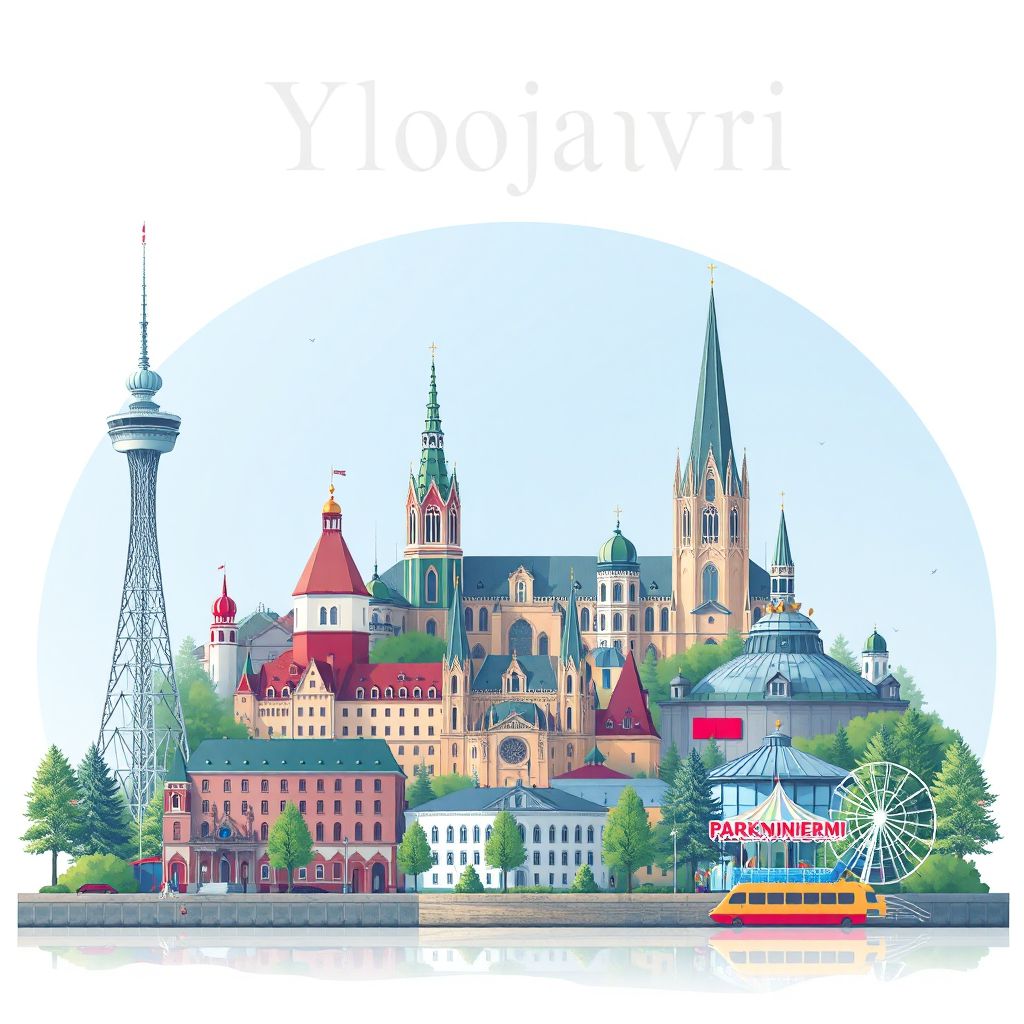Ultra-high-definition gradient illustration style Yloejaervi illustration, showing the unique charm of the Näsinneula observation tower, the Tampere Cathedral, and the Särkänniemi amusement park.