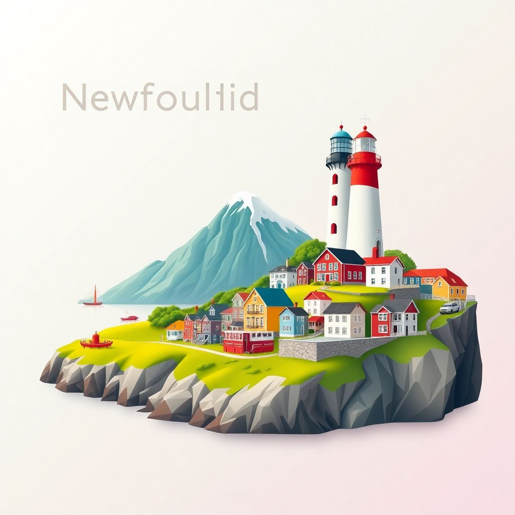 Ultra-high-definition gradient illustration style Newfoundland and Labrador illustration, showing the unique charm of Gros Morne National Park, the colorful houses of St. John's, and the historic Cape Spear Lighthouse.
