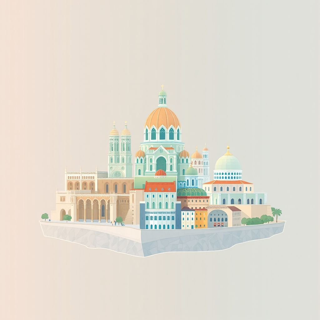 Ultra-high-definition gradient illustration style Provincia de Girona illustration, showing the unique charm of the Basilica of Sant Feliu, the Girona Cathedral, and the Arab Baths.
