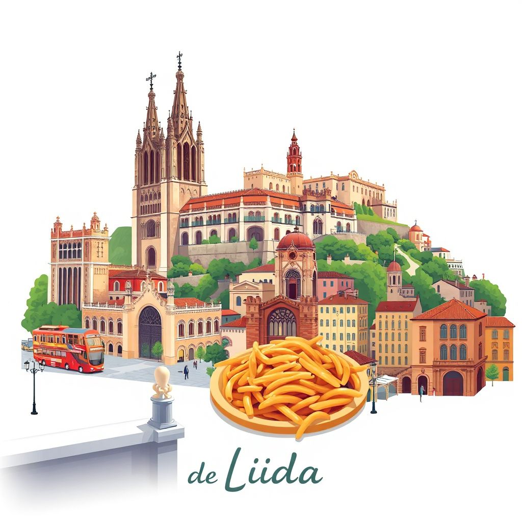 Ultra-high-definition gradient illustration of Provincia de Lleida, featuring the Seu Vella de Lleida, the Castle of Gardeny, and traditional Catalan cuisine.