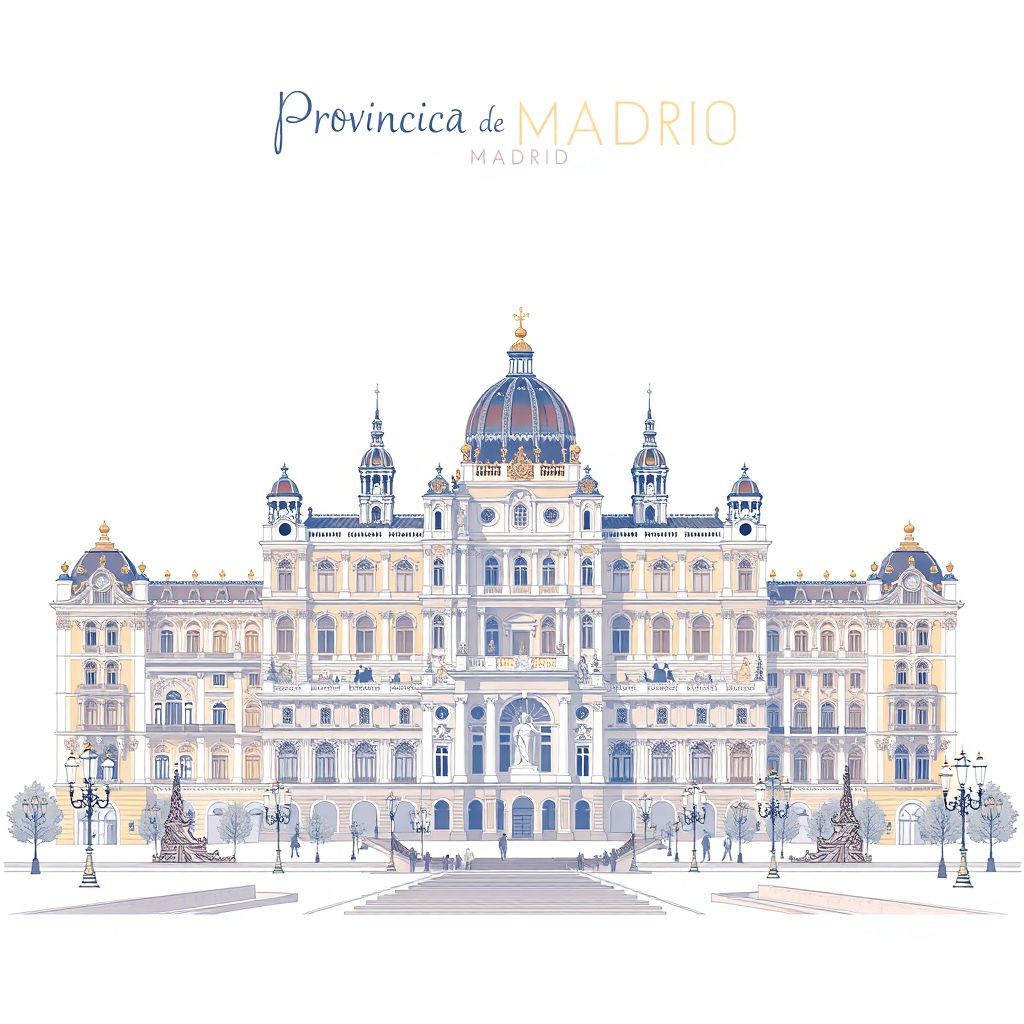 Ultra-high-definition gradient illustration style Provincia de Madrid illustration, showing the unique charm of the Royal Palace of Madrid, the Puerta del Sol, and the Plaza Mayor.