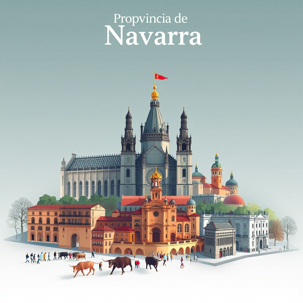 Ultra-high-definition gradient illustration style Navarra illustration, showing the unique charm of the Pamplona Cathedral, the Citadel of Pamplona, and the Running of the Bulls.