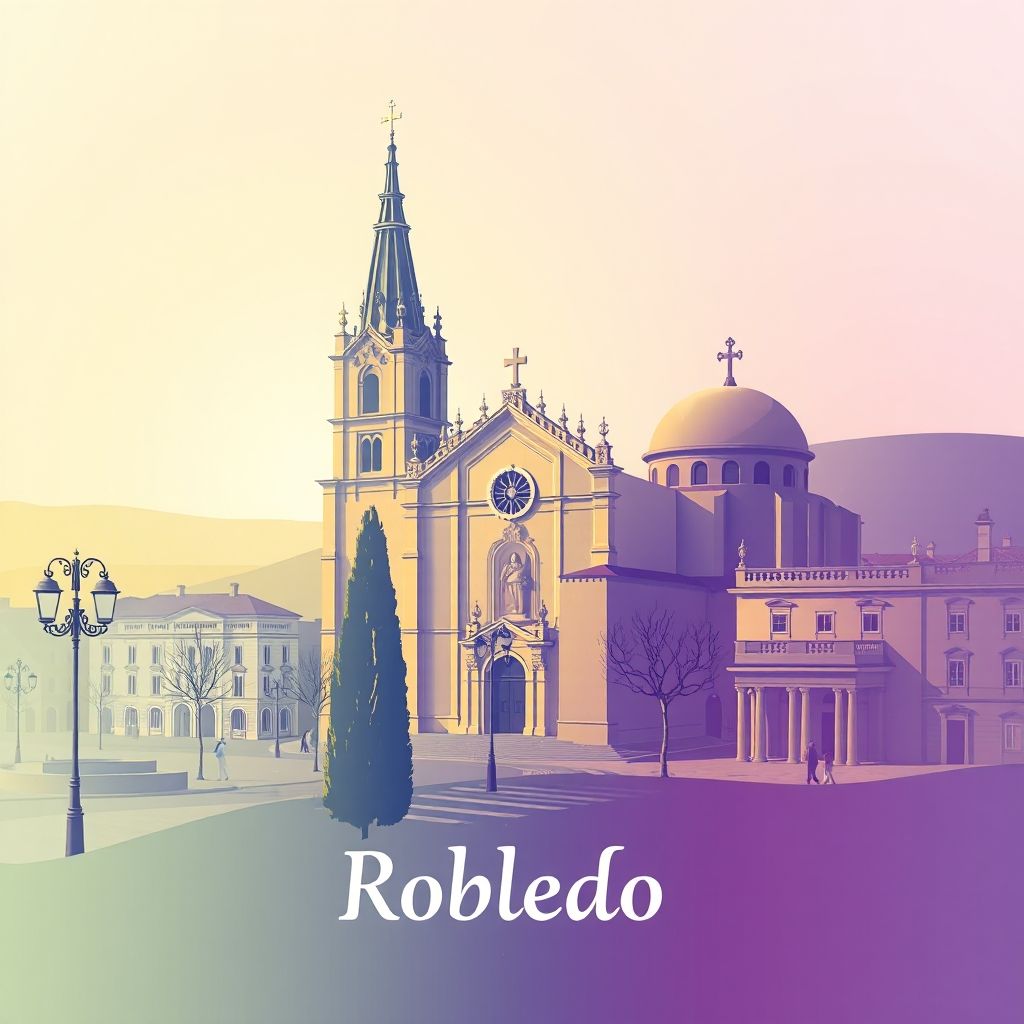 Ultra-high-definition gradient illustration of Robledo, featuring the Iglesia de la Asunción, Plaza Mayor, and gazpacho manchego.