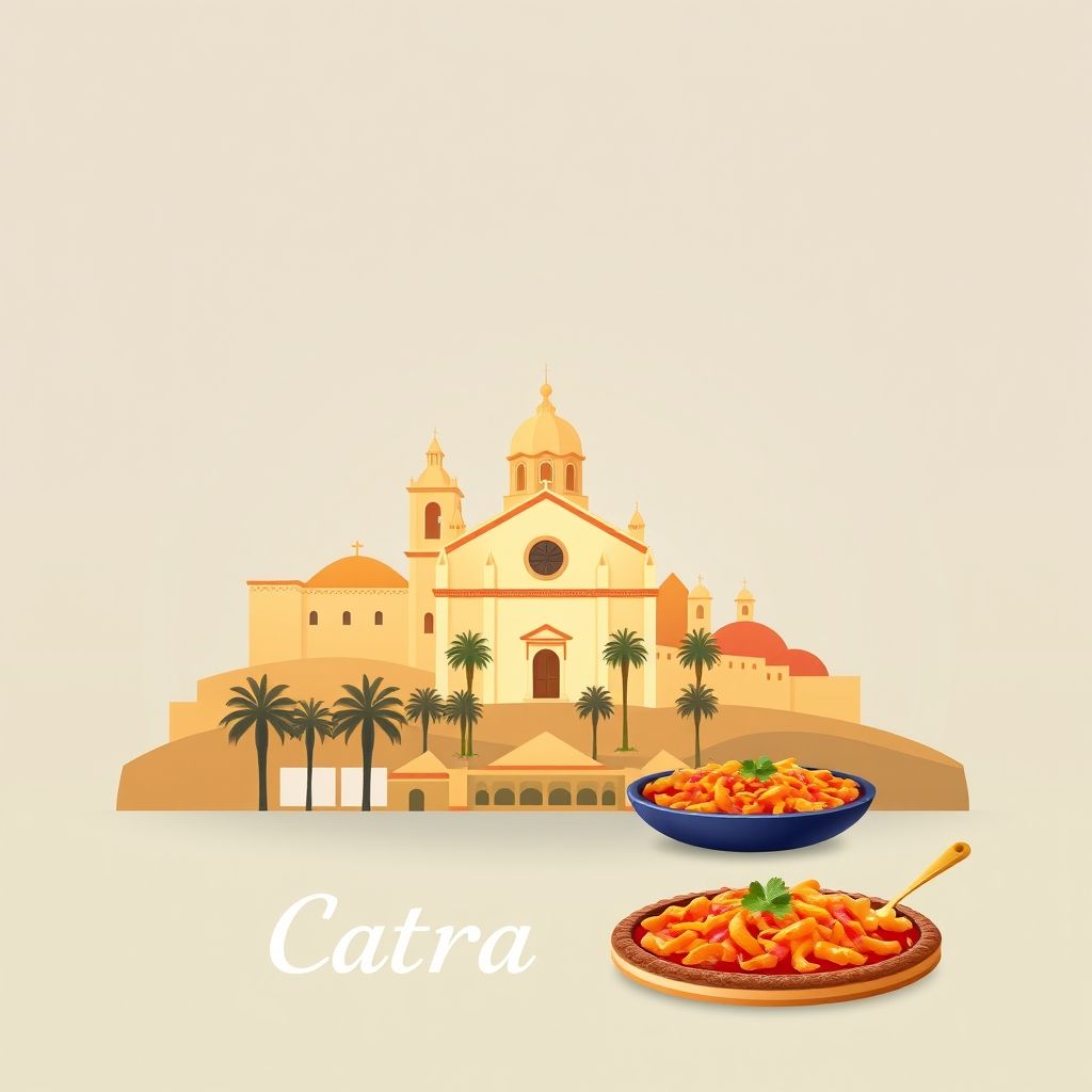 High-definition gradient illustration of Catral with the Church of the Immaculate Conception, palm trees, and paella.