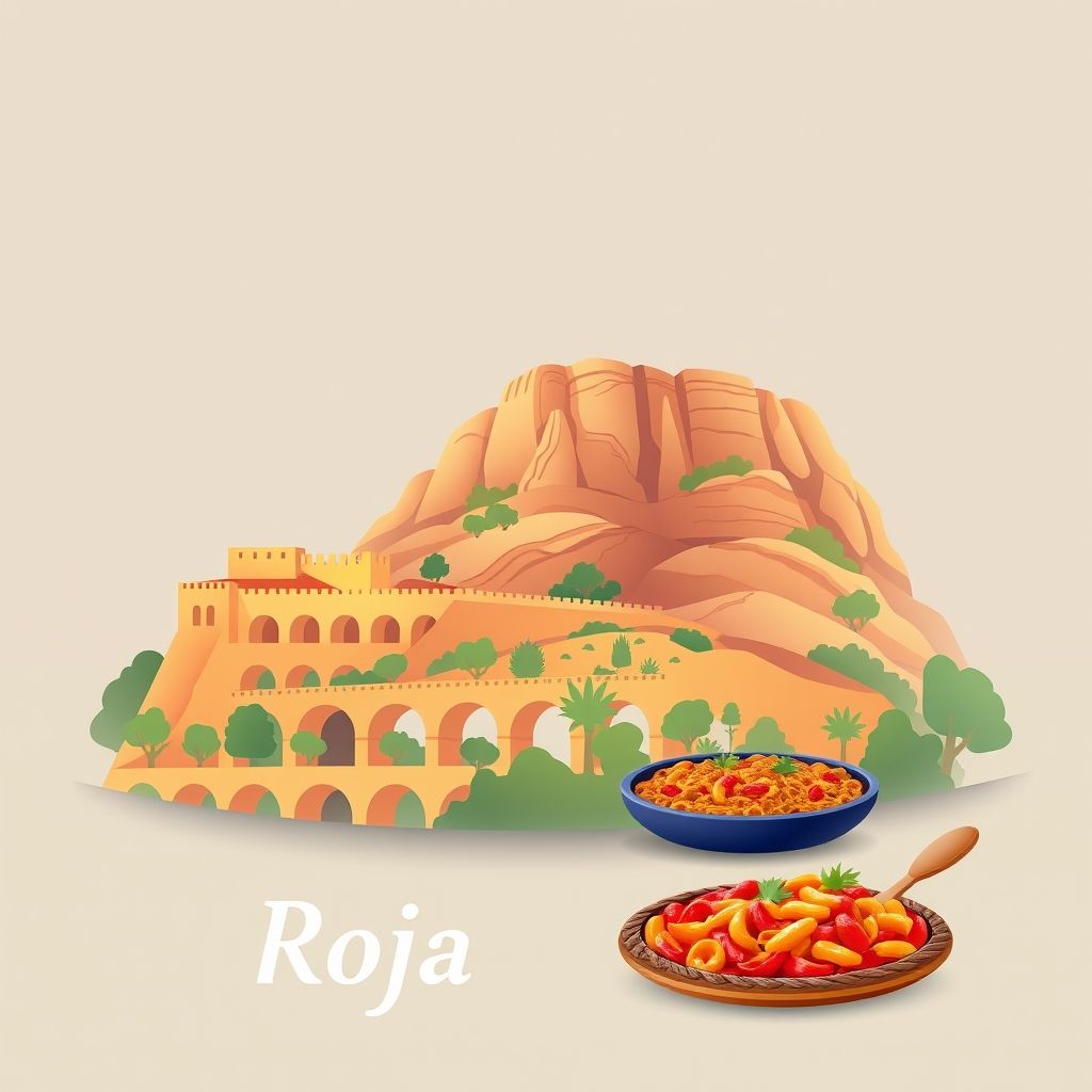 Ultra-high-definition gradient illustration of Rojales featuring Cuevas del Rodeo, historic aqueduct, and paella.