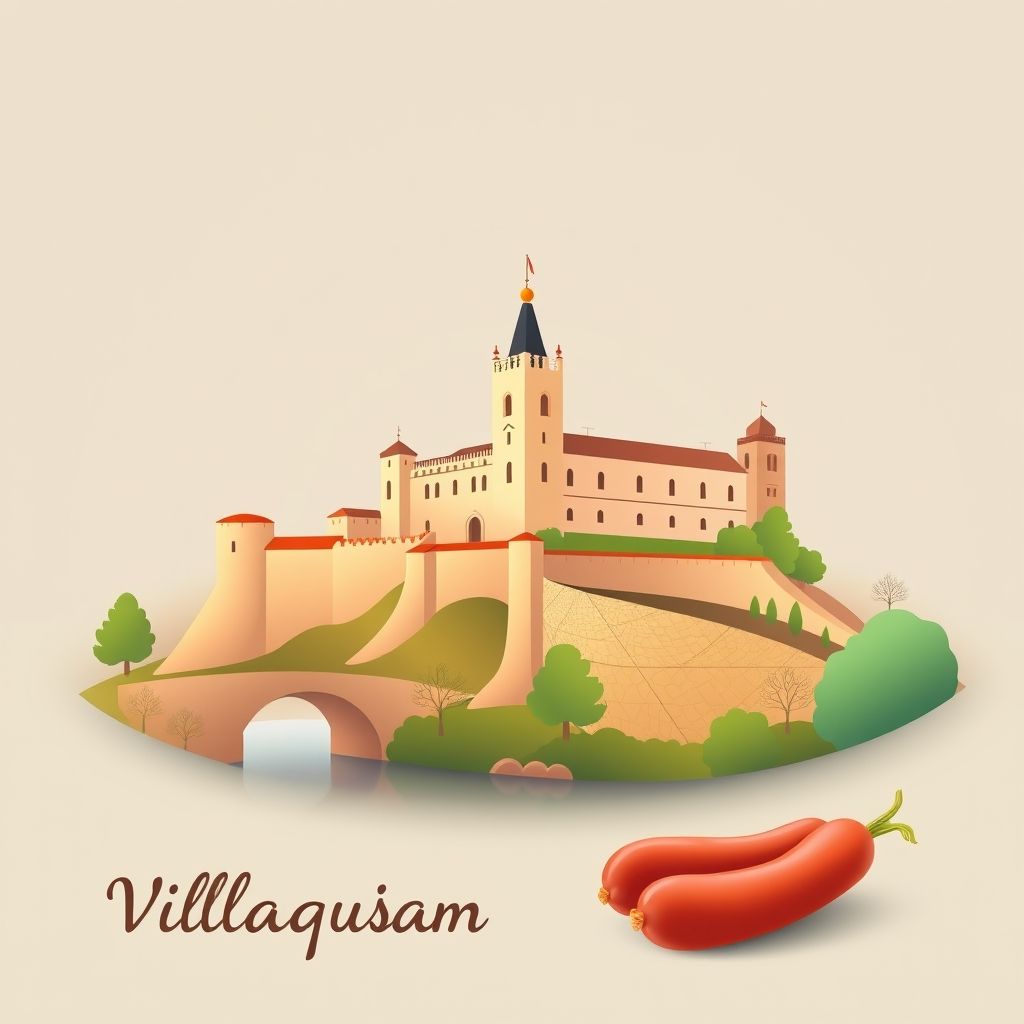 Ultra-high-definition gradient illustration of Villaquirán de los Infantes featuring the Castle of Burgos, Arlanza River, and morcilla de Burgos sausage.