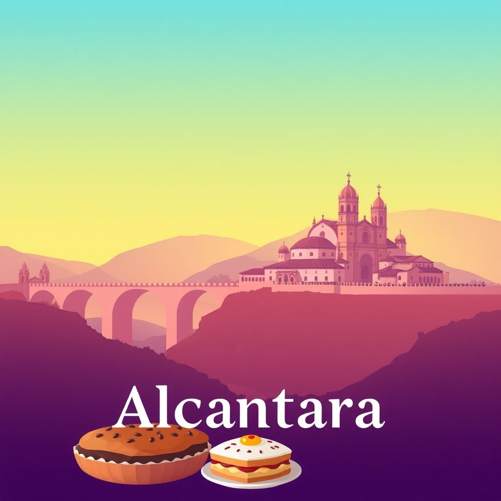 Ultra-high-definition gradient illustration of Alcántara, featuring the Roman Bridge of Alcántara, the Convent of San Benito, and Torta del Casar.