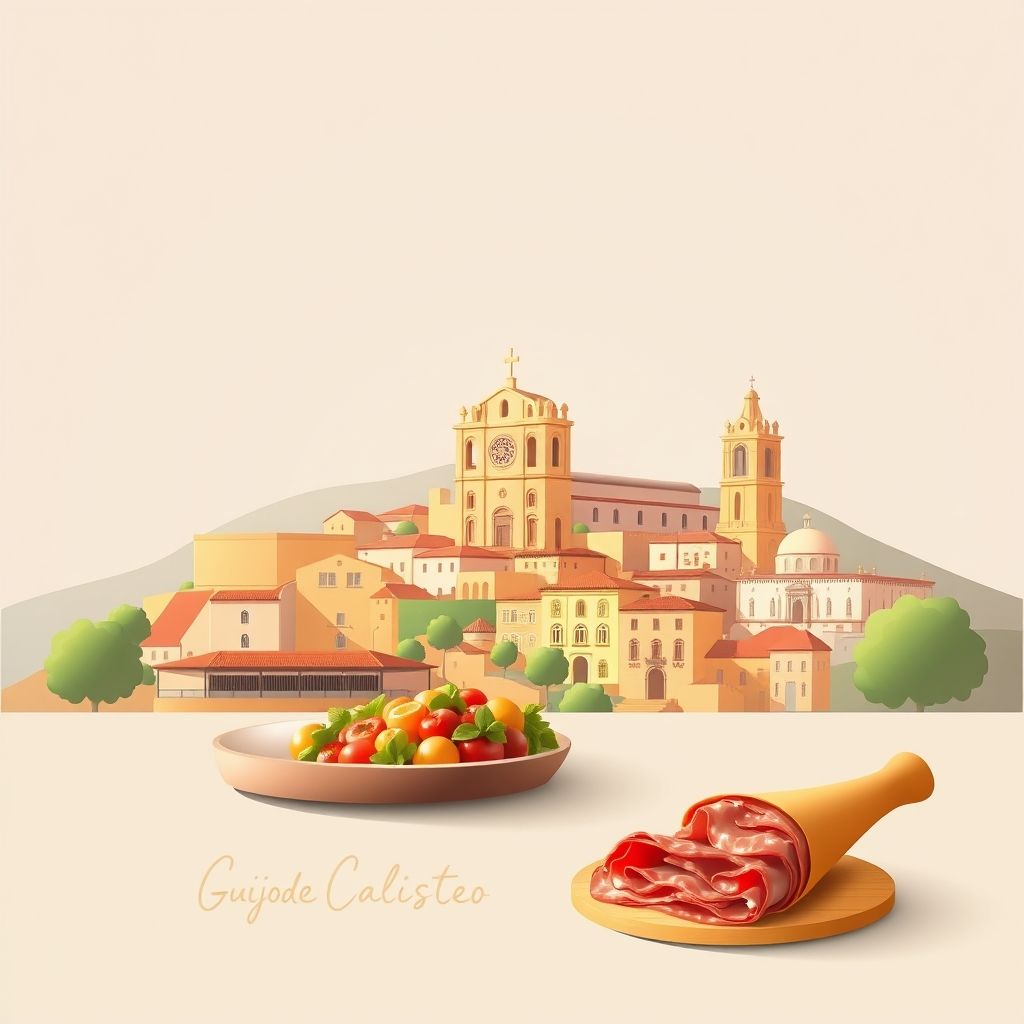 Ultra-high-definition gradient illustration of Guijo de Galisteo, featuring the Church of Nuestra Señora de la Asunción, historic town center, and local foods like Torta del Casar and Jamón Ibérico.