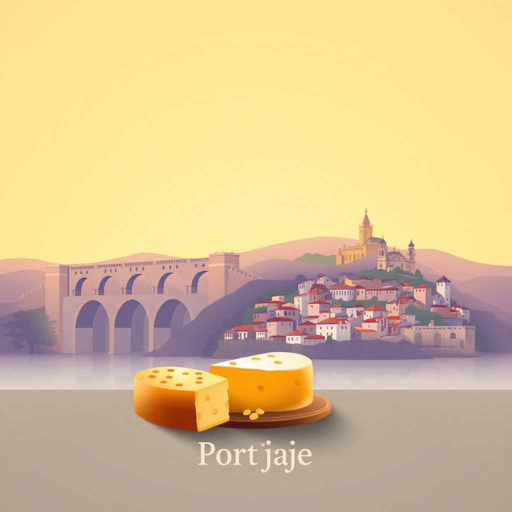 Ultra-high-definition gradient illustration of Portaje, Provincia de Caceres, Extremadura, Spain, featuring the Roman bridge of Alcántara, the historic town of Trujillo, and Torta del Casar cheese.