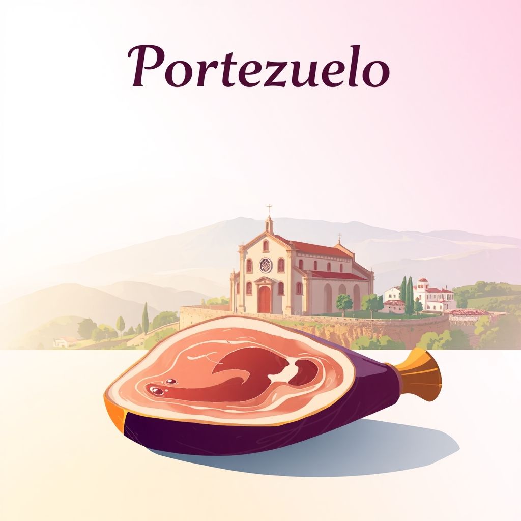 Ultra-high-definition gradient illustration of Portezuelo, featuring the Church of San Nicolás de Bari, scenic landscapes, and Iberian ham.