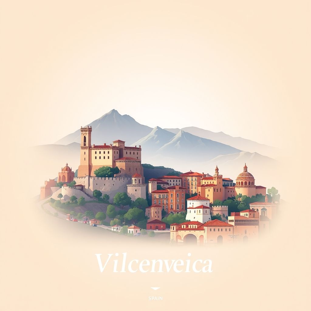 Ultra-high-definition gradient illustration of Vilanova d'Alcolea, featuring the Castillo de Villamalefa, Maestrazgo mountains, Valencian ceramics, and paella.