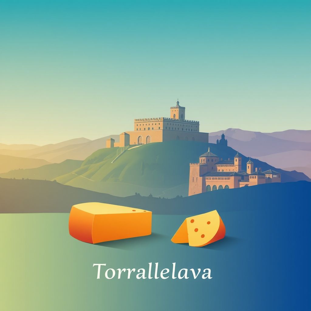 Ultra-high-definition gradient illustration of Torralba de Calatrava, featuring Castillo de Calatrava la Nueva, scenic landscapes, and Manchego cheese.