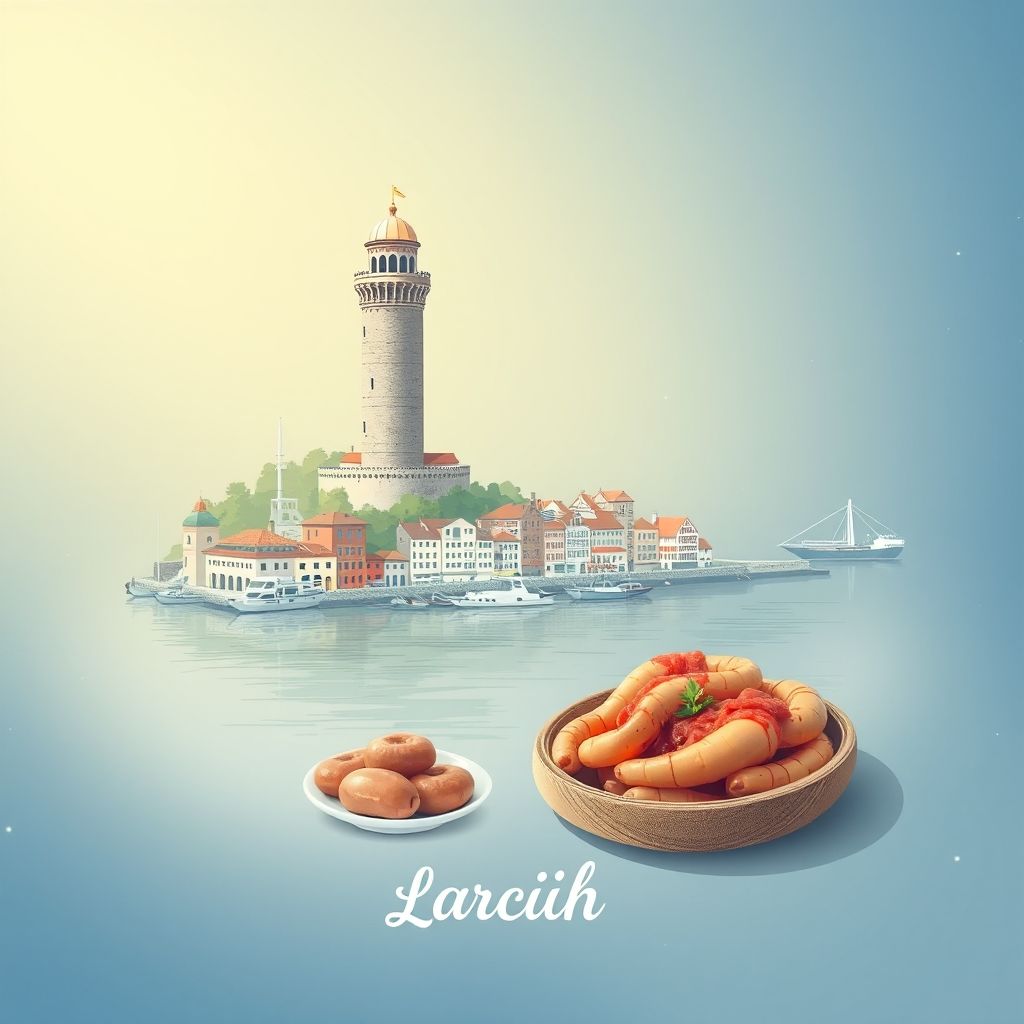 Ultra-high-definition gradient illustration of Laracha, featuring the Torre de Hercules, Rías Baixas, and pulpo a feira, highlighting its cultural and geographical charm.