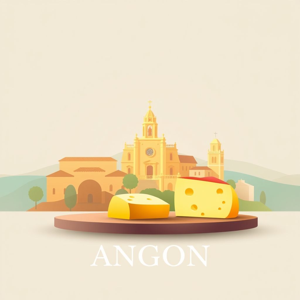 Gradient illustration of Angón, Spain, featuring the Church of Our Lady of the Assumption, scenic landscapes, and Manchego cheese.