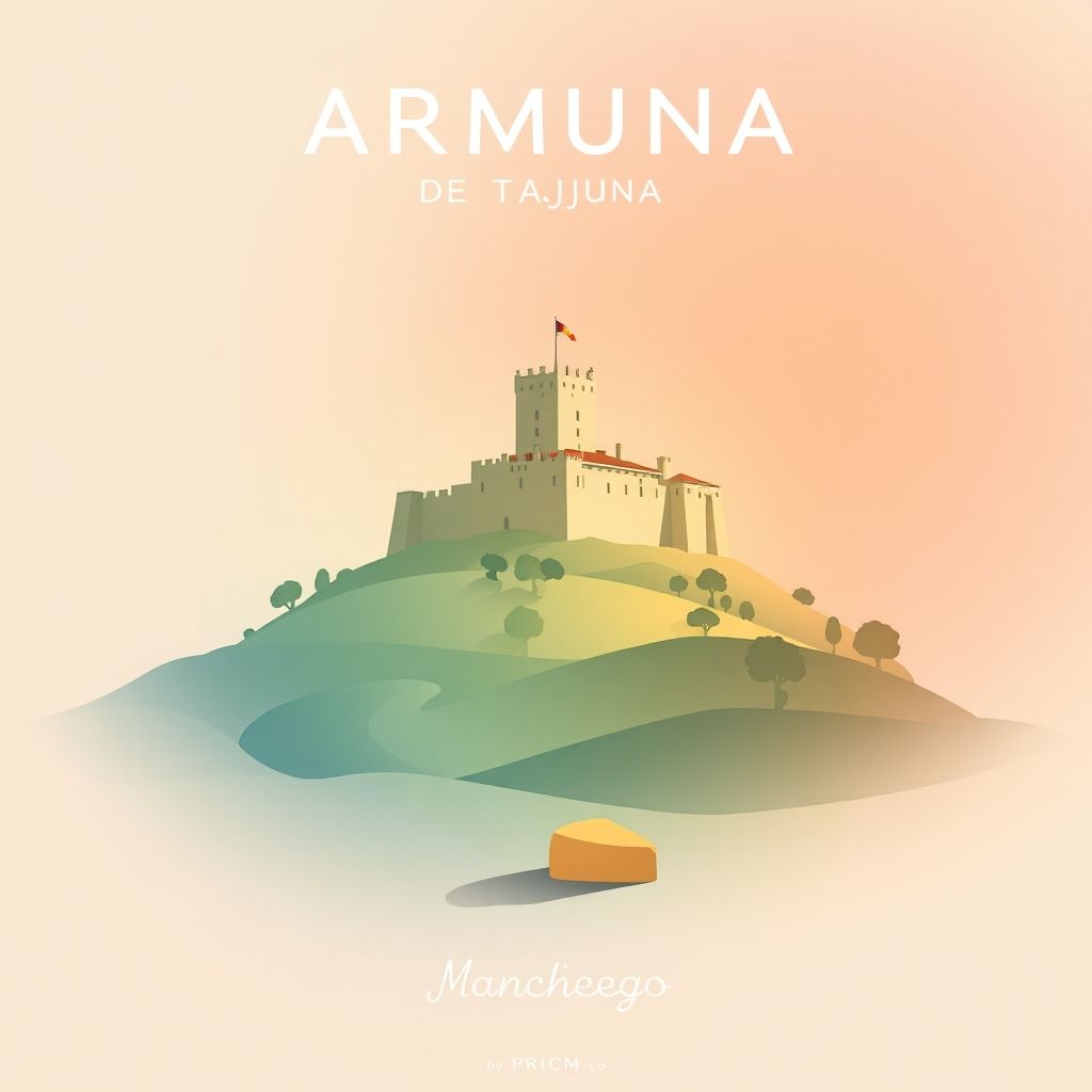 Gradient illustration of Armuña de Tajuña featuring Castillo de Pioz, countryside, and Manchego cheese.